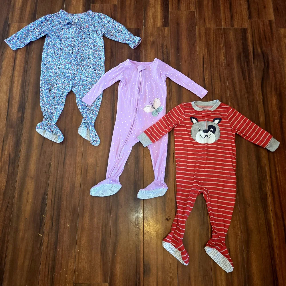 (3) Carter's Red Dog, Blue Floral & Purple Butterfly Footed One-Piece Sleepers